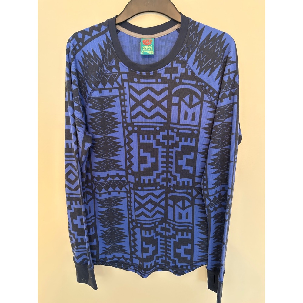Without Walls Mens Blue Black Geometric Tribal Print Waffle Knit Top Large L-G